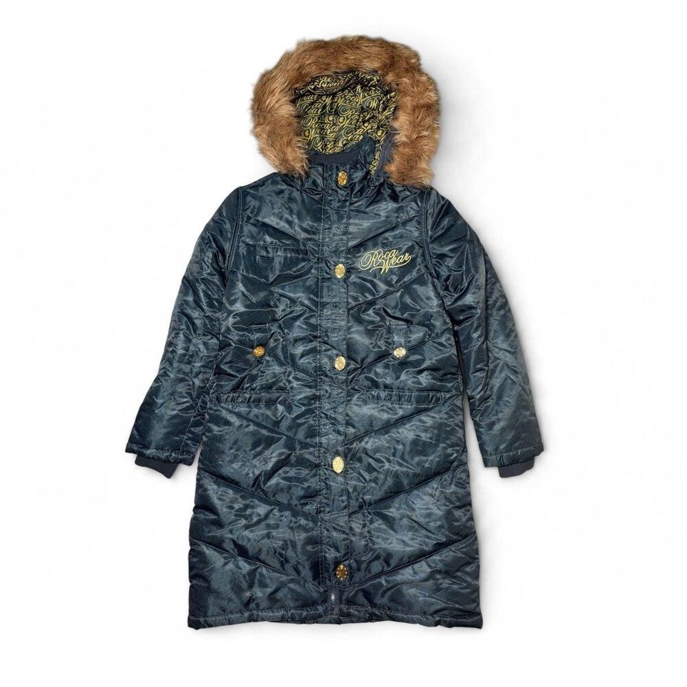 Rocawear Long Puffer Coat Black Faux Fur Hood Y2K Streetwear Winter Parka NWT